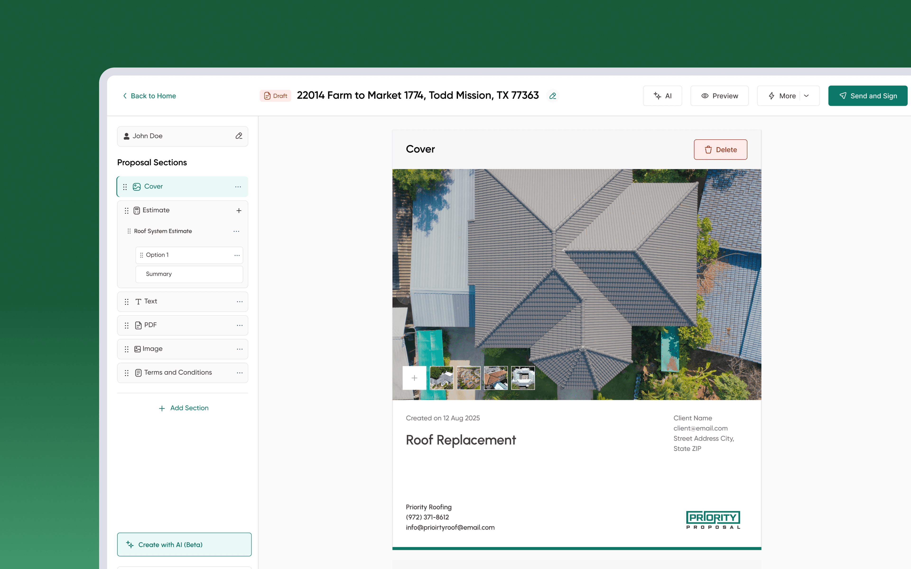 The AI-enabled roofing proposal builder showing a proposal cover page on a laptop against a soft green backdrop