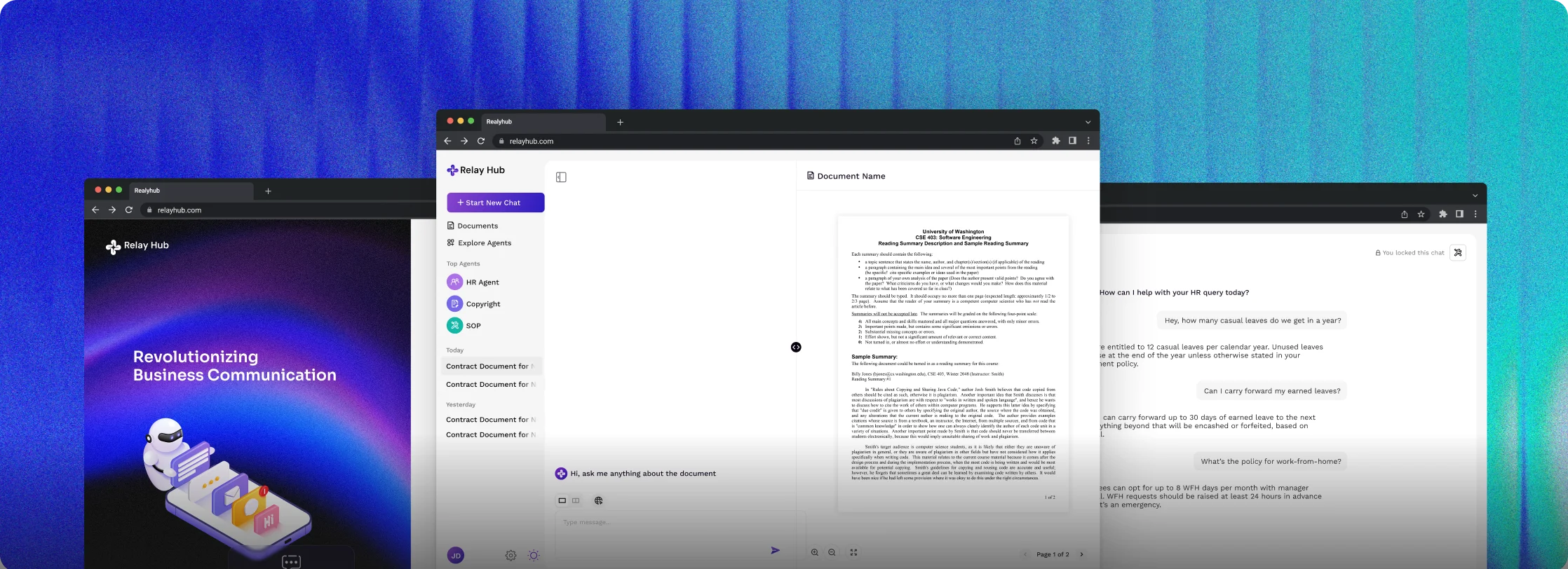 The Relay Hub workspace, document view, and AI chat across three windows on a blue-to-teal gradient